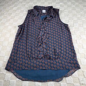 Cabi Medallion Reign Sleeveless‎ Ruffle Front Blouse Teal Orange Women's Size M